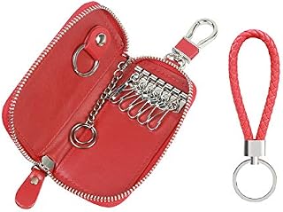 ZoomSky Leather Key Case Wallet Zipped Key Holder Case Keyring Purse Pouch Remote Wallet Bag with 6 Hooks & 1 Car Key Hook for Men Women (Red)