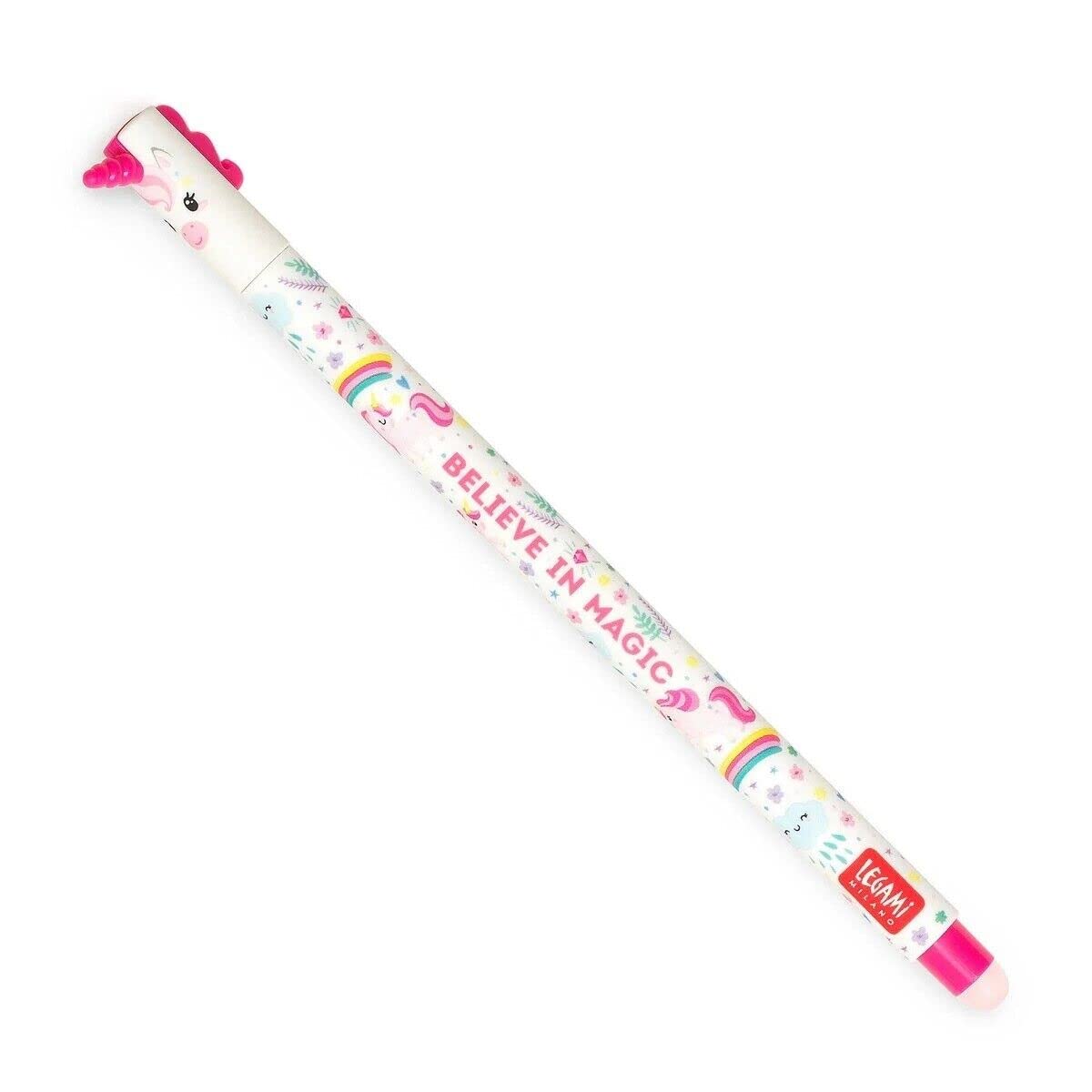 Legami Erasable Gel Pen, Ball on the End for Removing Ink Without Consuming the Paper, Black Heat-Sensitive Ink, Tip Diameter 0.7 mm, Unicorn Theme โ image 1