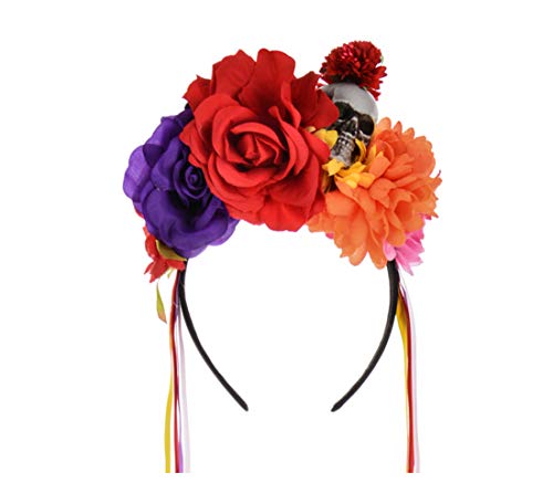 DreamLily Day of the Dead Headband Costume Rose Flower Crown Halloween Headpiece BC40 (Multicolored Crown)