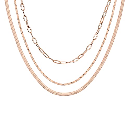 PAVOI 14K Gold Plated Layered Triple Chain Necklaces for Women - Rose Gold Plated Fine Charm Jewelry - 0.55mm 0.65mm 0.7mm Thick Trendy Necklace - Rose Gold