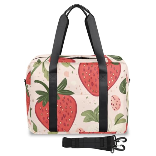 Tropical Leaf Strawberries Travel Duffel Bag for Men Women Fruit Floral Sports Gym Bag Waterproof Weekender Overnight Bags Foldable Carry on Backpack for Swim Yoga Fitness Workout
