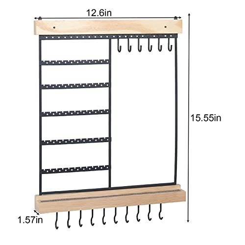 Feyejade Hanging Jewelry Organizer, 6-Tier Wall Earring Holder With Wooden Ring Groove, Jewelry Rack Wall Mounted For Earrings, Necklaces, Bracelets And Rings, Jewelry Holder Stand #TOP6