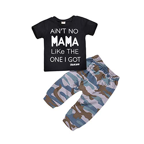Conjunto de roupas para bebês meninos com letras engraçadas estampadas e calças de camuflagem para m