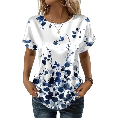 Women's Printed Dressy Casual Loose Satin Blouse Summer Round Neck Business Tops Fashion Short Sleeve Silk Shirts