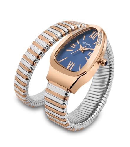 Image of French Connection Eternelle Curve | Blue Dial with Rose Gold Case | Flexible Wrap Bracelet Strap | Crystal Accent Design | Roman Numerals Analog Watch for Women - FCN0142URTM