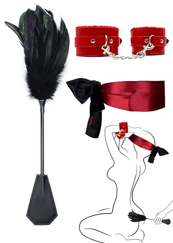Fluffy Padded Handcuffs for Grownups, Feather Tickler Teaser Crop and Satin Eye Mask 59", Adjustable Accessories Bedroom Set