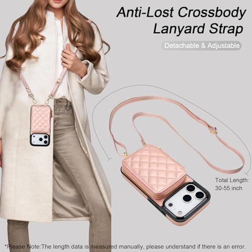 Bocasal Crossbody Wallet Case for iPhone 17 Pro, RFID Blocking PU Leather Zipper Handbag Purse Flip Cover, Kickstand Folio Case with Card Slots Holder Wrist Strap Lanyard 5G 6.3 Inch (Rose Gold) - Thumbnail 5