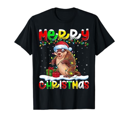 Xmas Lighting Santa Hat Pangolin Merry Christmas T-Shirt