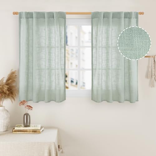 LAMIT Short Linen Window Curtains 40 Inch Length 2 Panels, Light Sage Semi Sheer Light Filtering Panels Back Tab and Rod Pocket Neutral Drapes for Basement/Window/Loft Room, 34 x 40 Inch