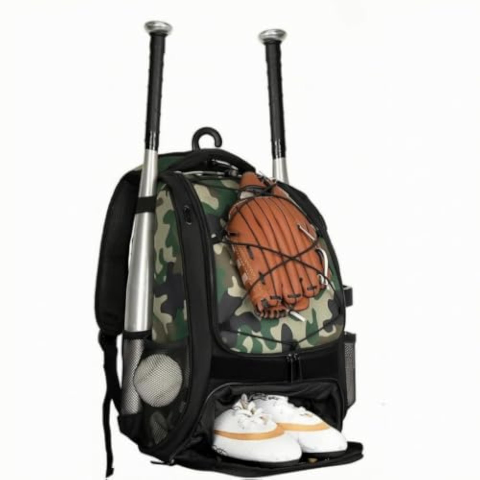 Rugged Baseball Backpack with Shoe Compartment, Camouflage Green