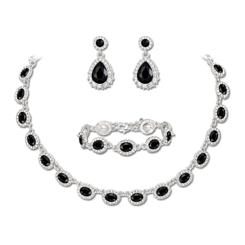 Clearine Weddding Costume Jewellery Set for Women Bridal Bridesmaids, Oval Crystal Collar Statement Necklace Teardrop Pierced Dangle Earrings Link Bracelet for Prom Party Black Silver-Tone
