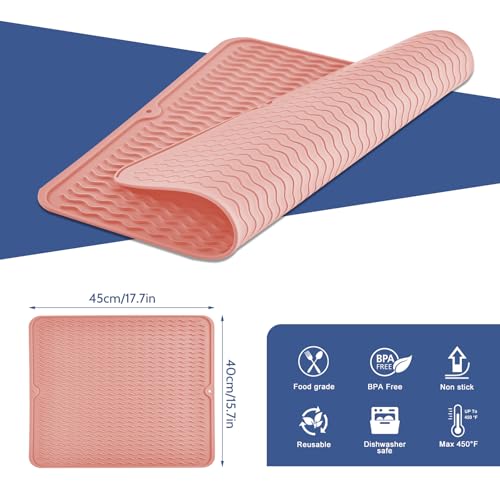 KitchenRaku Abtropfmatte 40x45cm , Geschirr aus Silikon hitzebeständiges rutschfestes Abtropfmatte Spüle,Spülmatte Abtropfunterlage,Tischset (Blassrosa)