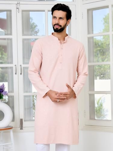 Image of See Designs Men's Full Sleeve Mandarin Collar Geometric Sequins Embroidered Thread Work Straight Long Kurta - Festive Collection