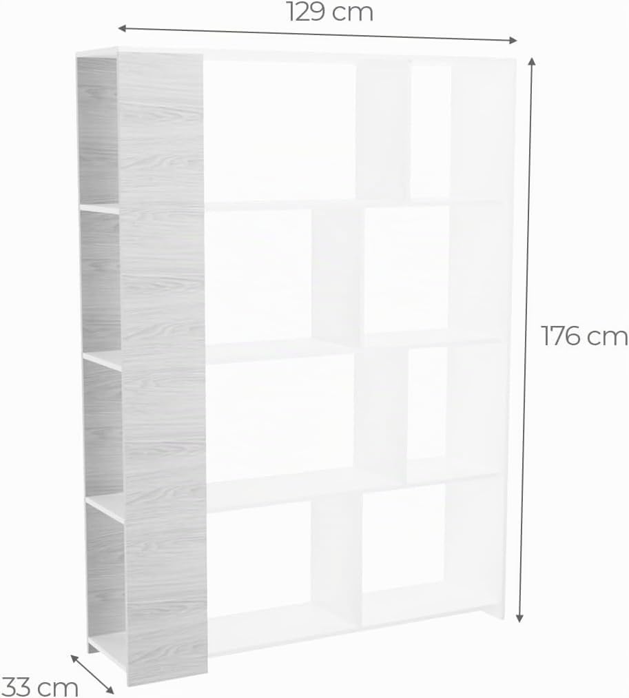 Estantería Decorativa, Librería, Separador Ambientes, Acabado en Roble y Blanco, Medidas: 176 cm (Alto) x 129 cm (Ancho) x 28 cm (Fondo)