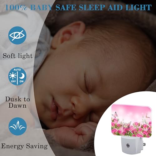 Image of Beautiful Pink Roses Plug in Night Lights, Pink Butterfly Nightlight Plug Into Wall Dusk to Dawn Sensor for Kid Girls Boys Women Men Room, Hallway, Kitchen, Bathroom, Stairs Decor