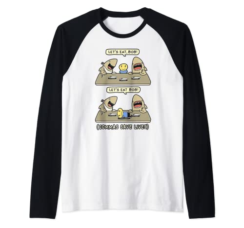 Comas Punctuation Shark Lets Eat Funny English Gramática Camiseta Manga Raglan