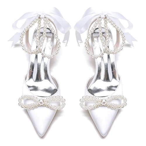 Women's Closed Toe Wedding Shoes Pearls Low Heel Slingback Kitten Heels Pointed Toe Bow Pumps High Heeled Prom Dress Shoes Sandals4