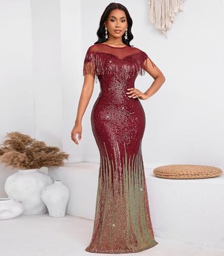 Image of Cololura Sexy Sequin Tassel Mesh Perspective Party Cocktail Bodycon Evening Club Maxi Dress