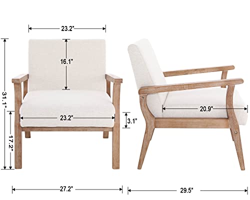Wahson Set Of 2 Mid Century Armchair With Wood Frames, White Linen Upholstered Farmhouse Living Room Chair, For Living Room Bedroom, Ivory #TOP2