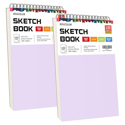 Image of Soucolor Sketch Book 9 inch x 12 inch, 2 Pack School Art Supplies Gifts for Girl | 200-Sheets Each (68lb /100gsm) Purple Drawing Notebook for Kids,Gifts for Women,Perfect for sketching, drawing,colored pencils