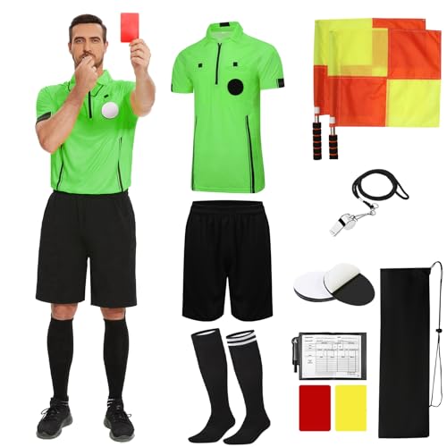 Soccer referee kit with shirt, shorts, whistle, socks, flags & cards