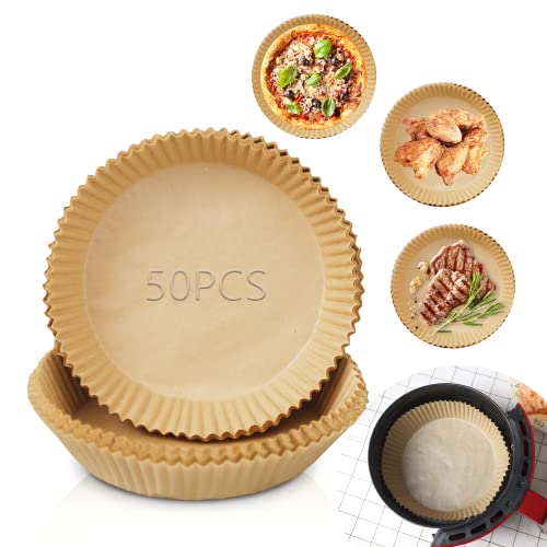 50 Pcs Air Fryer Disposable Paper Liner Feuilles de Papier de Cuisson Étanche Antiadhésive, 6.3in Air Fryer Paper Liner, Paper Liner pour Poêle Four Micro Ondes Friteuse à Air Chaud(Couleur du Bois) Cover