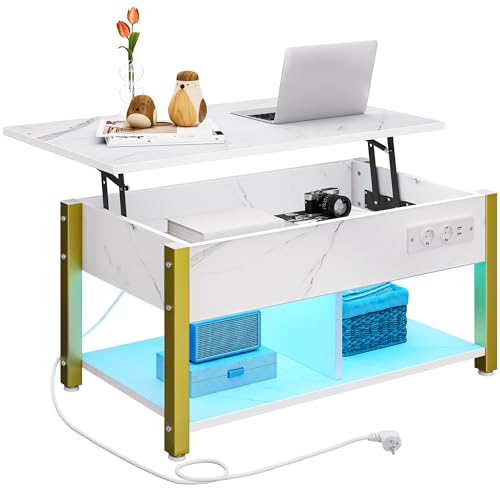 YITAHOME Couchtisch mit Anhebbarer Platte, Leicht Anzuheben, 2-Stufiger Stauraum, Höhenverstellbarer Couchtisch mit Verstecktem Staufach und LED Beleuchtung für Wohnzimmer, Büro, Weißer Marmor
