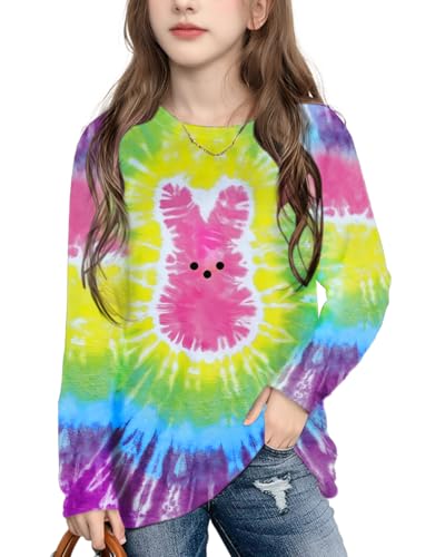 Image of LAZYCHILD Kids Easter Shirt Girls Happy Easter Shirts Rabbit Graphic Long Sleeve Striped Tee Tops 5-14 Years