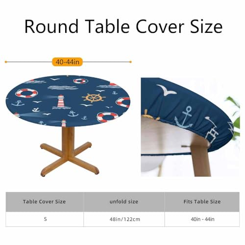 Guxxuil Sailing Round Tablecloths Elastic Edged Anchor Helm Lifebuoy Lighthouse Bird Nautical Navy Blue Washable Reusable Tablecloths for Kitchen Party 40-44 inch by Guxxuil - Used condition - Image 2