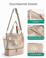 bagsmart Shopper Tasche Damen Strandtasche Groß, Netz Handtasche Beach Bag mit Kühlfach, Wasserdichter Urlaubstasche Badetasche mit Reißverschluss für Schwimmbad Kreuzfahrt Shopping, Kamel – Ansicht 6