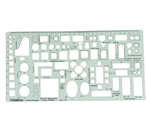 Printtoo 2mm House Plan Furniture Template Stencil, Interior Design Drafting Ruler for Bedroom, Dining, Bathroom and Workspace Layouts with Bed, Sofa, Table, Bathtub, Washbasin and Door Symbols