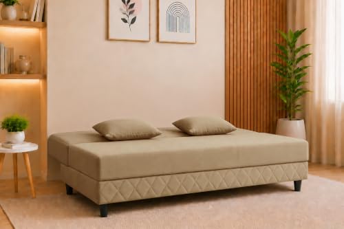 Image of Velvet Fabric Sofa Cum Bed | 3 Seater Sofa Bed | Premium Upholstered Folding Couch for Living Room, Guest Room & Bedroom | Quilted Backrest with 2 Cushions (Golden)