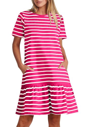 MITILLY Women's Casual T-Shirt Dresses Striped Short Sleeve Loose Swing
