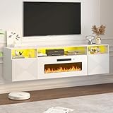 DHMAKER 70' Floating TV Stand with 36' Electric Fireplace, Wall Mounted Fireplace Entertainment Center with LED Lights, Mid Century Modern Media Console for TVs Up to 80', White