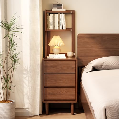Solid Wood Bookshelf Nightstand Combo, Tall Nightstand with Bookshelf