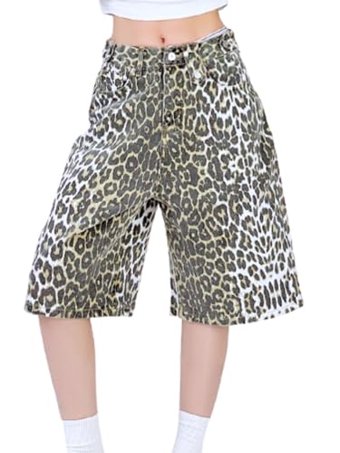 Women's Leopard Print Wide Leg Capri Jeans Boyfriend Straight Denim Pants Y2k Baggy Crop Pants