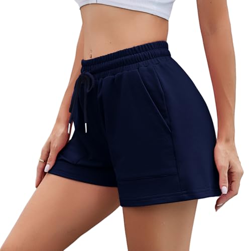 Irdcomps Pantalón Deportivo Mujer Verano Shorts Deporte Jogging Fitness Corto para Correr Algodón Pantalones Sudor Ciclismo Salón Cintura Alta con Bolsillos Azul Oscuro M