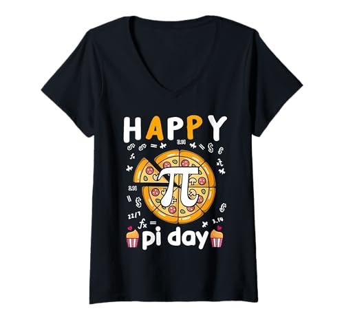 Womens Retro Happy Pi Day Pizza Pie V-Neck T-Shirt