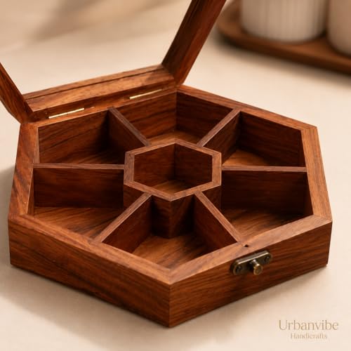 Image of Wooden Spice Box with 7 Compartments | Handmade Masala Dabba for Kitchen Storage | Premium Wooden Spice Organizer with Transparent Glass Lid | Multipurpose Storage Box