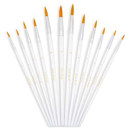 YOUSHARES 12 Pcs Flat Art Paint Brush Set, Professional Paintbrushes Round Pointed Tip Nylon Hair Artist for Watercolor, Oil, Acrylic Paint/Craft, Nail, Face Painting (White)
