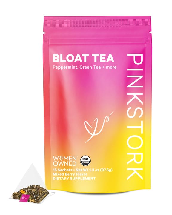 Pink Stork Bloat Tea: Organic Bloating Relief for Women with Green Tea, Dandelion Root, and Turmeric, Natural Metabolism Support, Ease Digestion and Gas, Hot or Iced Tea - 15 Sachets, Berry Tea