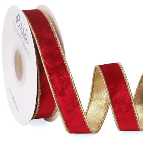 Image of Ribbli Red Velvet Wired Ribbon 1 Inch Metallic Red Gold Crushed Velvet Christmas Ribbon for Gift Wrapping Christmas Tree Decoration Crafts Wreaths Supplies-Continuous 10 Yards