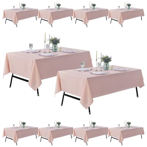 Image of 10-Pack 60x102 inch Dusty Pink Table Cloths, Solid Stain and Wrinkle Resistant Oblong Tablecloth, Premium Plain Weave Polyester Fabric Rectangle Table Linen Covers for Hotel, Wedding