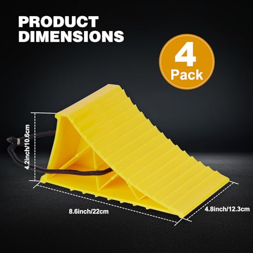 Image of PAHTTO Wheel Chocks, 4Pack Heavy Duty Wheel Chocks with Rope for Easy Removal, Durable, Non-Slip, Hard Plastic Wheel Chocks for, RV, Camper, Effective in Keeping Your Vehicle in Place, Yellow