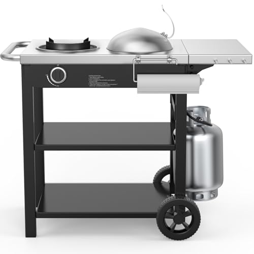 BBQMall Outdoor Wok Station, Propane Outdoor Wok Burner with Prep Table, Stainless Steel Side Table, Storage, Outdoor Cooking Station for Stir Fry, Searing, BBQ