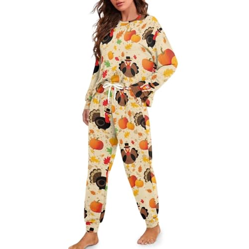 Image of Womens Lounge Set Long Sleeve Soft Pajama Sets Casual 2 Piece Pj Outfit Crewneck Sleepwear with Pockets Plus Size