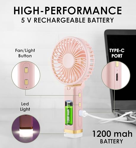 Image of Gesto Portable Fan Rechargeable with LED Light - Foldable Mini Fan, Small Fan,USB Charging Hand Fan with 1200mAh Battery & 3 Speed Modes | Travel, Makeup, Kitchen,Women's Personal Pankhaa - Pink