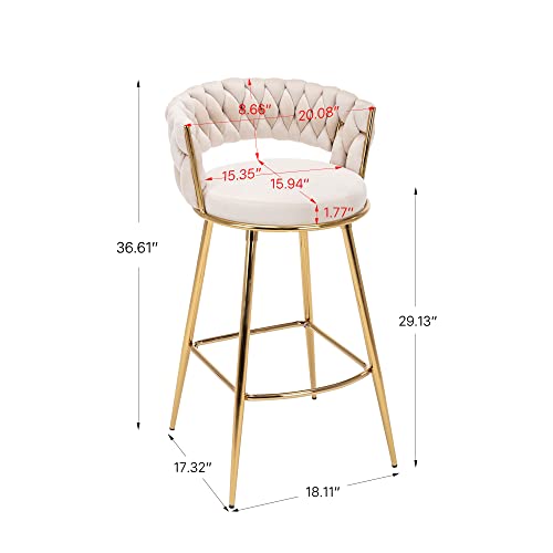 Goolon Velvet Barstool Set Of 2 Woven Counter Chair Modern Bar Stool With Golden Legs For Dining Kitchen Pub Beige #TOP2