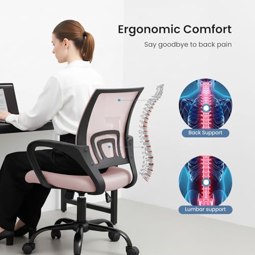 Image of DUMOS Home Office Chair - Ergonomic Mid Back Mesh Desk Chair with Lumbar Support & Rocking Mode, Height Adjustable with Fixed Armrest, for Computer, Gaming, Meeting, 360 Swivel, Pink