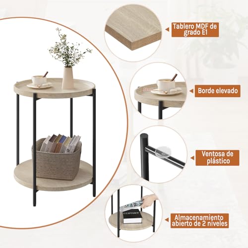 Miniatura 5 de Woltu Mesa De Centro, Mesa Auxiliar Redonda Con 2 Estantes, Mesita De Noche, Mesilla Para Sofá Dormitorio Y Salon, Mdf Metal, Roble Claro Y Negro, 43x43x51 Cm, Bts06hei